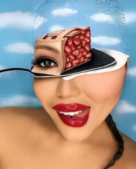 Choi uses the background to help enhance the effect of her illusions. For instance, on Pi Day (Pi Day is an annual celebration of the mathematical constant π), Choi posted an image of herself removing the last slice of her brain. The rest of her head is painted to blend into the blue sky wallpaper behind her, which helps the viewer focus on the remaining piece of 