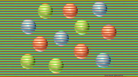 I can't get this next one to work for me. It is called Confetti Spheres It is an image that tricks the brain into seeing different colored spheres that are, in fact, all the same shade of beige. The colors of the stripes bleed over into our perception of the spheres and messes with our perception of the color behind them. The foreground stripes in each orb correspond with the shade of the orb behind. We see the orbs in their true color of beige when the stripes are removed or pushed to the background. Could you get your eyes to do that?