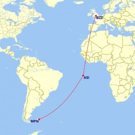 If you are now brave enough to take a long flight over the ocean, you might (or might not) consider this more rustic flight from Oxford, UK to Ascension in the mid Atlantic to refuel and then on to the Falkland Islands. This flight is so obscure you can't book it via traditional portals: it must be arranged through the Falkland Islands government office in London. Your plane is an RAF Airbus 340. At least it has 4 jet engines. It's hard to imagine a more remote place than Ascension Island. It's over 1,000 miles from the mainland and other people. If you want to get away from someone, this may be your place. Bonus, it has great beaches. Once you get to Port Stanley on the Falklands it has a really good pub. Would you ever take a trip like this?