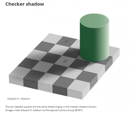 Even when you know how this next illusion works, your brain won't let you see it. Both labelled squares in the Checker shadow illusion are the same shade of grey, but the illusion tricks our brains into seeing them as different shades. The square labelled 