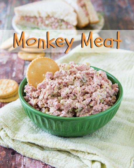 It goes by several names, Monkey meat, Ham salad, sandwich spread. It is basically either ham/bologna/or hot dog that is ground up and combined with mayo & pickles. Most people like to put in in sandwiches. Have you ever had 