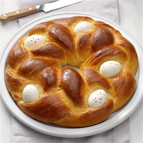 There are few variations of Easter bread, the most common one is Easter Egg bread, a sweet bread with colored hard-boiled eggs baked into the dough, giving it a festive look. It's perfect for Easter feasts and pairs well with baked ham. Do you celebrate Easter with a feast of whatever foods you choose to consume?