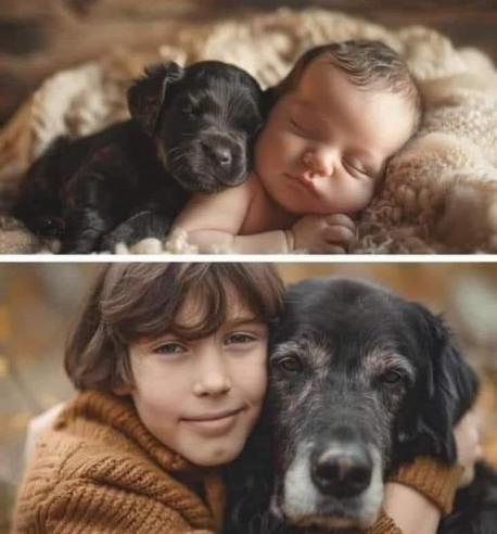 This photo shows a child with his pet when he was a baby next to a puppy and 14 years later when he's a teenager next to an elderly dog. Does it warm your heart seeing this photo showing the bond between a child and his pet in a span of 14 years?