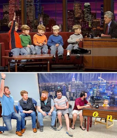 This is the Guttensohn Quintuplets on the Tonight show with Jay Leno 22 years apart (2002-2024). Jay Leno was not in the recreated photo so one of their babies was sitting in his chair. Have you ever heard of the Guttensohn brothers who were the first all-male quintuplets to survive?