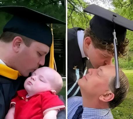 This is a young father kissing his baby son on graduation day and more than 20 years later, that baby returns the favor by kissing his Dad at his own graduation. Do you like the love between a father and son shown in this photo?