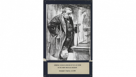 Later in life, on the anniversary of having lost his leg, sometimes Sickles visited it (pictured in a newspaper woodcut) - the bones of which were now stabilized with bits of wire. He even invited guests to accompany him. After having joined him on one such occasion, author Mark Twain stated,