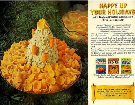 Trim-a-Tree Dip. A blast from the past. This retro-recipe is a mix of cream cheese, cheddar cheese, blue cheese, Worcestershire sauce, and minced onion. Chill the mixture and shape it into a Christmas tree. Decorate it and surround it with Whistles, Bugles, and Daisies. Is this something you'd like to try?