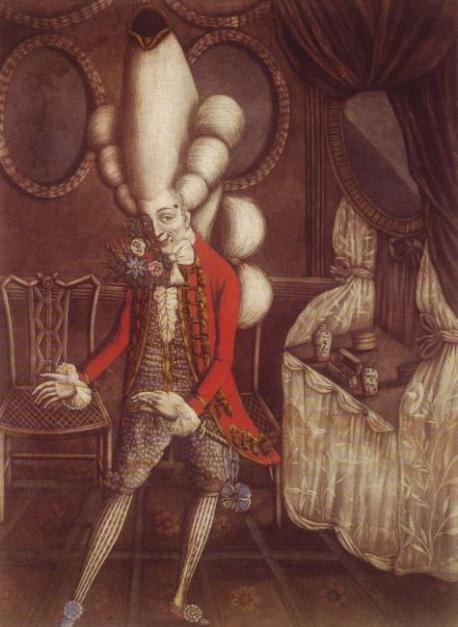 In the 1760s, aristocratic British men donned large wigs with a small hat or feather at the top. The young men who took up this fashion trend reportedly brought it back from their