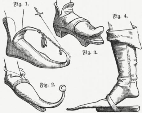 Crakow's, also known as the Poulaine, were a super long shoe that reigned supreme with men and women across Europe in the late 14th century. They were a quick indicator of social status: the longer the shoe, the higher the wearer's station. Chains were sometimes strung from the toe of the Crakow to the knee to allow the wearer to walk. Sometimes the toes were stuffed with material for the same reason. Do you think that you would've tip-toed through the tulips in this frivolous footwear?