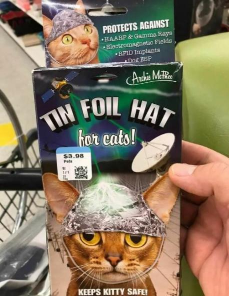 Are you a cat parent? Are you concerned about shadowy entities reading your thoughts or controlling you? Well, do I have the product for you! One, unopened, new in the box, tin-foil hat for cats! Is this an ingenious idea or just a goofy gimmick?
