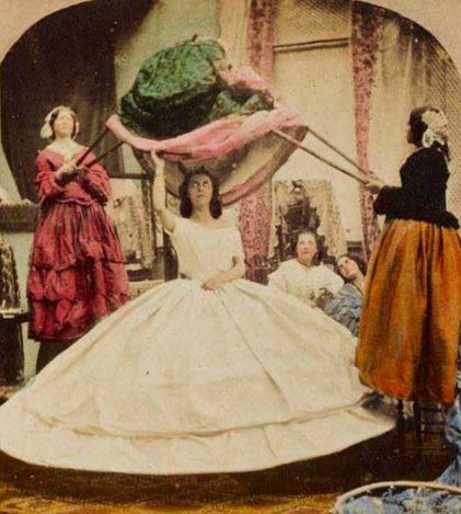 The crinoline, also known as the hoop skirt, was a bell-shaped device that pushed the volume of skirts to an extreme degree. Worn in the 1800s by Victorian women, crinolines were originally petticoats made of linen stiffened with horsehair. Later, the invention of the steel cage crinoline offered the same voluminous look without the extra heat and bulk of thick petticoats. These undergarments were unwieldy, but they were also dangerous. Thousands of women died in the mid-19th century as a result of their hooped skirts catching fire. Alongside fire, other hazards included the hoops being caught in machinery, carriage wheels, gusts of wind, or other obstacles. Do you think that this to-die-for fashion is a good example of a complete lack of common sense?