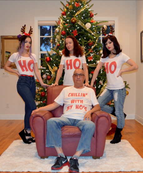 One family had its sights firmly set on hilarity when they posed for their annual happy snap, but not everyone's laughing. It seems that some people find the idea of a dad donning a 'Chillin' with my ho's' top, while his wife and two daughters sport T-shirts bearing the legend 'Ho', a touch creepy. Do you find this funny or disturbing?