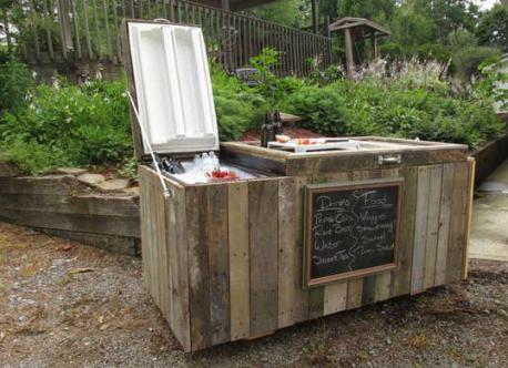 Would you consider taking an old refrigerator and turn it into a rustic cooler by taking disassembled pallets to form a chic exterior and can also double duty as surface for setting up food and drink?