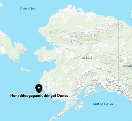 Alaska: Nunathloogagamiutbingoi Dunes - This tiny unincorporated municipality extends for three miles along the southeast coast of Nunivak Island, Alaska, which is part of the Bethel census area of the State of Alaska. The name has been referred to as 