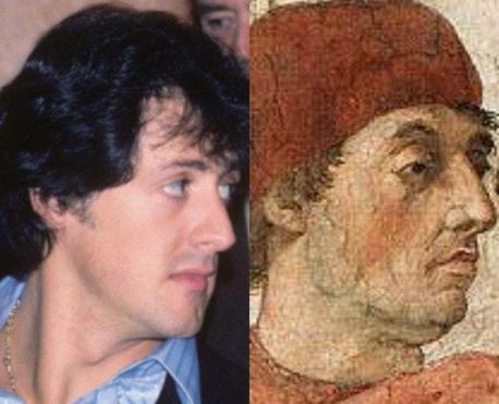 Sylvester Stallone and Pope Gregory IX - Although Sylvester Stallone doesn't speak much of religion in public, he closely resembles a man who did speak about religion in public very often. None-other than Pope Gregory IX to boot! Same upside-down eyes, same nose, same lips. Makes you wonder if the pope was reincarnated as the famous actor, doesn't it! Do you see the resemblance?