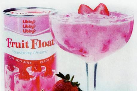 Libby's Fruit Float came out in 1974, and was a canned mix containing pieces of real fruit. All you had to do was pour a can of Fruit Float into a bowl, add cold milk, stir for 30 seconds, and dessert was ready to eat. Do you remember Fruit Float?
