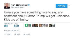 Free speech is free speech. Like him or not, President Trump can be criticized, laughed at, praised, picked apart -- it's all OK because he is an adult. The same would go for any celebrity, sports figure, politician, newscaster, journalist, and others. However, it should be off-limits to write anything, post anything and take aim at the children of these high profile people. Do you agree?