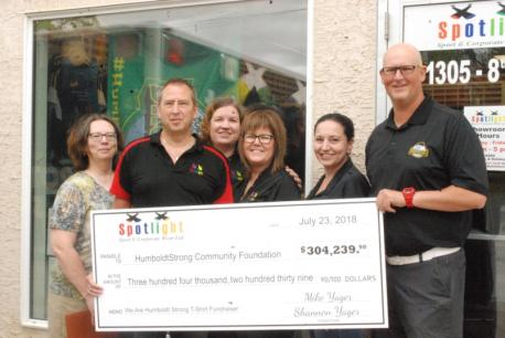 Sometimes good things come out of the worst tragedies. After the horrific Humboldt Broncos bus crash in April that killed 16, and injured 13 more young people, the focus shifted to helping everyone affected heal. Like many people in town, Mike Yager and his wife Shannon wanted to give something back to the community. Days after the accident, he set up an online store to sell Humboldt Strong T-shirts with the promise that $20 from every $25 shirt sold would go back to the affected families. For months, Yager and his two employees have been steadily churning out T-shirts imprinted with the phrase Humboldt Strong. So far, he's sold more than 12,000 shirts to buyers all around the world. Volunteers have donated time and supplies to help his cause. Orders for the shirts have come from as far away as China, Japan, Germany and Russia This week he was able to hand over a cheque for $304,239 to the HumboldtStrong Community Foundation, a fund created to manage millions of dollars raised in memory of those killed in the crash. Do remember hearing about the bus crash and did you contribute to the fund at all?