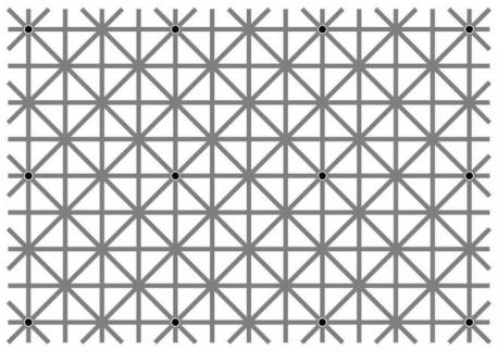 Here's another fun optical illusion to try. This particular illusion comes from an academic paper published in 2000 in the journal Perception by Jacques Ninio and Kent A. Stevens. It went viral online when Akiyoshi Kitaoka‏ posted it on Facebook and game designer Will Kerslake reposted it on Twitter. There are 12 black circles in the image, but most people can't see them all at once. You should be able to see any dot you look at directly. But the ones in your peripheral vision pop in and out. That's because humans simply don't have very good peripheral vision, like --place black dots against grey lines -- your brain simply makes the best guess it can to fill in the information. In this case, it just guesses the dots aren't there. The white in between the grey lines makes your brain think the dots are lighter than they really are. Thus, it just sees more grey. That can counteract the blurry black dot that is actually, physically there. Did you see the dots all at once?
