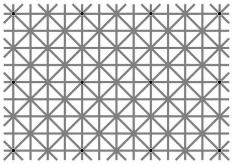 Here's another fun optical illusion to try. This particular illusion comes from an academic paper published in 2000 in the journal Perception by Jacques Ninio and Kent A. Stevens. It went viral online when Akiyoshi Kitaoka‏ posted it on Facebook and game designer Will Kerslake reposted it on Twitter. There are 12 black circles in the image, but most people can't see them all at once. You should be able to see any dot you look at directly. But the ones in your peripheral vision pop in and out. That's because humans simply don't have very good peripheral vision, like --place black dots against grey lines -- your brain simply makes the best guess it can to fill in the information. In this case, it just guesses the dots aren't there. The white in between the grey lines makes your brain think the dots are lighter than they really are. Thus, it just sees more grey. That can counteract the blurry black dot that is actually, physically there. Did you see the dots all at once?
