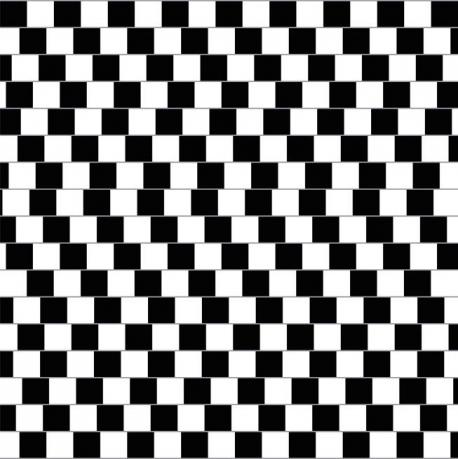 The so-called Cafe Wall Illusion has been described as a checkerboard with the squares slightly jumbled or off-kilter. The alternating light and dark squares do not line up directly with the squares on the rows above and below them. The result is that the horizontal lines in between each row appear to be slanted. In reality, the horizontal lines are perfectly parallel with one another and totally straight. Most theories for explaining why the eye is fooled by such patterns have to do with people first focusing on the contrast between the light and dark spaces. They subconsciously use this contrast to define all the other shapes in the image in their mind even before they have focused on all the parts of the picture. Did you see the horizontal lines as slanted, or perfectly parallel?