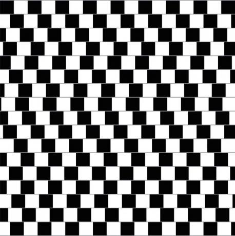 The so-called Cafe Wall Illusion has been described as a checkerboard with the squares slightly jumbled or off-kilter. The alternating light and dark squares do not line up directly with the squares on the rows above and below them. The result is that the horizontal lines in between each row appear to be slanted. In reality, the horizontal lines are perfectly parallel with one another and totally straight. Most theories for explaining why the eye is fooled by such patterns have to do with people first focusing on the contrast between the light and dark spaces. They subconsciously use this contrast to define all the other shapes in the image in their mind even before they have focused on all the parts of the picture. Did you see the horizontal lines as slanted, or perfectly parallel?
